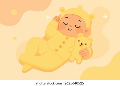 Adorable illustration of a baby peacefully sleeping on a white pillow, dressed in a yellow polka-dot onesie, radiating warmth, innocence, and comfort.