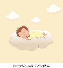 Adorable illustration of a baby sleeping peacefully on a fluffy cloud, surrounded by soft clouds in a pastel sky. Perfect for baby products, nursery decor, children’s books, and parenting themes