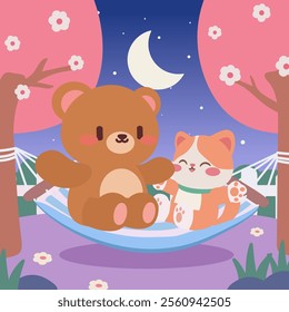 An adorable illustration of a bear and a cat relaxing together on a hammock under cherry blossom trees during a peaceful night. Kawaii bear and cat swinging on a hammock under starry sky.