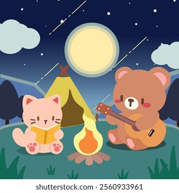 An adorable illustration of a bear playing guitar and a cat reading by a cozy campfire under a full moon. The night camping scene is set against a starry sky with a forest backdrop and a warm glowing.