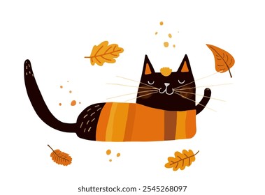 Adorable ilustración de un gato negro en un suéter de rayas acogedor contra un telón de fondo de hojas de otoño. Esta linda escena de otoño agregará calidez y comodidad a su día.