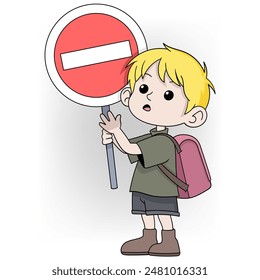 An adorable illustration of a blonde cartoon boy holding a no entry sign with a curious expression.