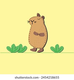 Adorable illustration of a capybara depicted as if embroidered, surrounded by whimsical plant drawings in a charming and cozy style, evoking a sense of warmth and natural beauty.