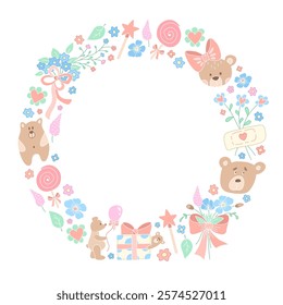 An adorable illustration of cartoon bears surrounded by flowers, gifts, and other cute elements