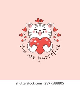 adorable ilustración de un gato sosteniendo un corazón, adorable gato blanco por el día de San Valentín 