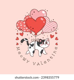 adorable illustration of cat tied to heart balloons for valentine's day
