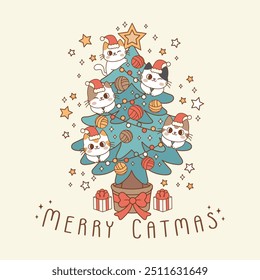 adorable illustration of Christmas tree with kittens 