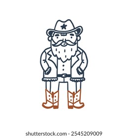 Adorable illustration of a cowboy-themed Santa Claus wearing a sheriff hat and cowboy boots. Perfect for holiday and western-themed designs, blending Christmas spirit with a Wild West aesthetic