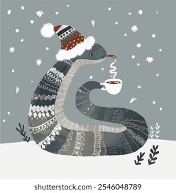 Adorable illustration of a cozy winter - a snake in a winter hat enjoying a hot drink in a snowy landscape. Perfect for creating a festive mood.