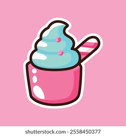 An adorable illustration of a cup of soft-serve ice cream in blue and pink, complete with a spoon. Perfect for dessert-themed projects and food-related designs.