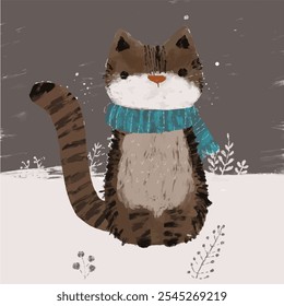 Adorable illustration of a cute cat in a blue scarf against a winter landscape. This funny drawing will warm your heart and bring coziness at any moment.