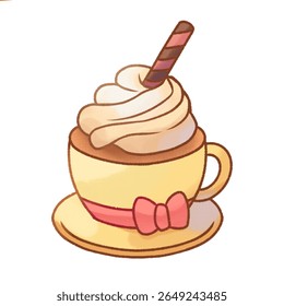 Adorable illustration of a cute coffee or hot chocolate cup topped with whipped cream and a chocolate wafer stick. 