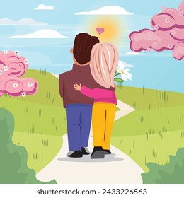 Adorable illustration with a cute couple taking a leisurely walk in the outdoors. Surrounded by blooming pink trees,