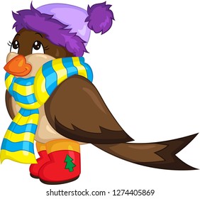 Adorable illustration of a cute little bird, in winter, dressed for winter, with red boots, purple hat, and yellow and blue scarf, in color, perfect for children's book or Christmas card