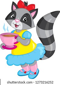 Adorable illustration of a cute little girl raccoon, drinking tea from a cup, beautifully dressed, in a yellow and blue dress, with a red ribbon on her head, in color, perfect for children's book 