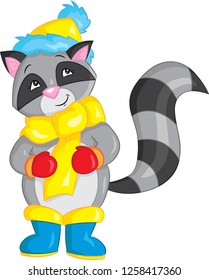 Adorable illustration of a cute little raccoon, dressed for winter, with boots, scarf, gloves and hat, beautifully colored, perfect for children's book or Christmas card