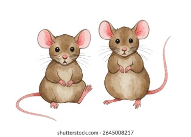 Ilustração adorável de ratos bonitos com orelhas grandes e caudas cor-de-rosa. Perfeito para decoração infantil, livros infantis, cartões de felicitações e projetos de design com temática animal extravagante.