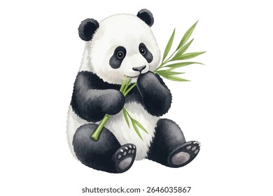 Adorable illustration of cute pandas sitting and eating bamboo. Perfect for children's books, nursery decor, greeting cards, or animal-themed designs. High-quality, hand-painted style.