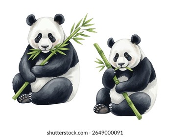 Adorable illustration of cute pandas sitting and eating bamboo. Perfect for children's books, nursery decor, greeting cards, or animal-themed designs. High-quality, hand-painted style.