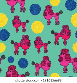 Adorable illustration of cute Pink Poodle and bobbles, seamless vector pattern. Funny kitsch.
