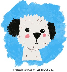 Adorable illustration of a cute puppy against a blue sky. Fluffy white dog with pink cheeks and black ears radiates joy and kindness.