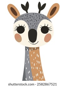 Adorable illustration of a deer with a long neck, antler buds, large eyes with eyelashes, and a playful expression in a whimsical style.