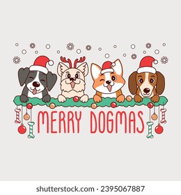 Adorable illustration of dogs for christmas and with christmas decorations, cute christmas puppies for christmas decorations, 