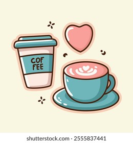 Adorable illustration featuring a coffee cup with latte art, a to-go coffee cup labeled "COFFEE," and a heart symbol. Perfect for coffee lovers, cafes, and cozy designs