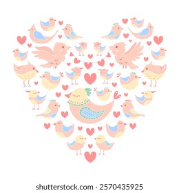 Adorable illustration featuring cute pastel-colored birds arranged in a heart shape, symbolizing love and romance