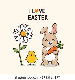 Ilustración adorable con un conejo de Pascua sosteniendo una zanahoria, un Pequeño polluelo y una flor de margarita, con el texto 'I Love Easter'.