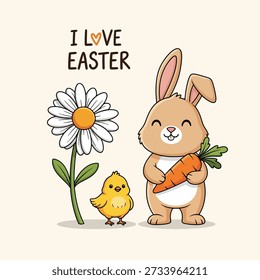Una ilustración adorable con un conejito de Pascua feliz sosteniendo una zanahoria, un Pequeño polluelo amarillo y una flor de margarita blanca, con el texto 'I Love Easter'.