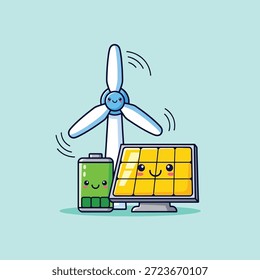 Uma ilustração adorável com uma turbina eólica sorridente, painel solar e bateria, representando energia limpa e sustentável.