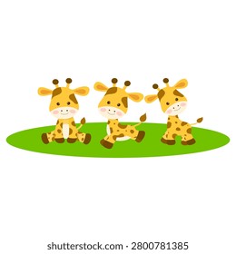 Adorable illustration featuring three playful baby giraffes sitting and standing on green grass.