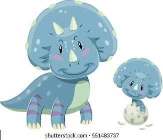 Adorable Illustration Featuring a Triceratops Mom Looking Fondly at a Baby Triceratops Hatching from an Egg