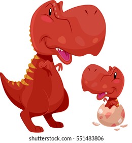 Adorable Illustration Featuring a Tyrannosaurus Rex Mom Looking Fondly at a Baby T Rex Hatching from an Egg