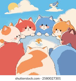 An adorable illustration of fluffy cats gathered in a circle under a sunny sky, focusing on a small flower, with playful clouds and a bird in the background