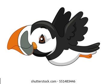 Adorable Illustration of a Flying Puffin with Colorful Markings on its Beak