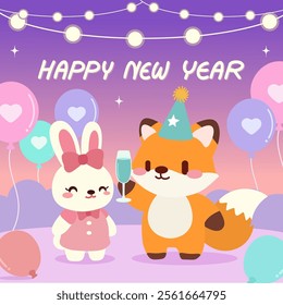 Adorable illustration of a fox and bunny celebrating New Year with festive balloons, string lights, and a cheerful atmosphere in a vibrant cartoon style.