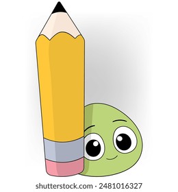 An adorable illustration of a green cartoon character with big eyes, happily holding a giant yellow pencil with a pink eraser.