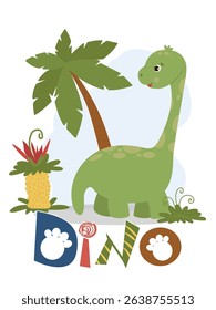 Adorable illustration of a green dinosaur next to a tall palm tree, complemented with playful tropical elements like plants and pineapples. Perfect for kids designs or educational materials.