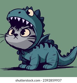 Adorable ilustración de un gatito de Halloween en un traje de dinosaurio que funciona o trata. Gato con ojos grandes en un disfraz de dino t-rex y una actitud valiente