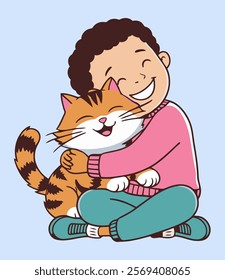 Adorable Illustration of a Happy Child Hugging a Smiling Cat - Perfect for Children's Projects