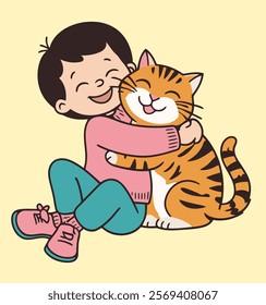 Adorable Illustration of a Happy Child Hugging a Smiling Cat - Perfect for Children's Projects