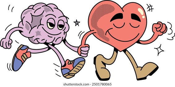 Adorable illustration of a happy heart walking hand-in-hand with a brain, symbolizing ‘Follow Your Heart.’ Perfect for motivational, wellness, and relationship-themed designs. Playful and inspiring!