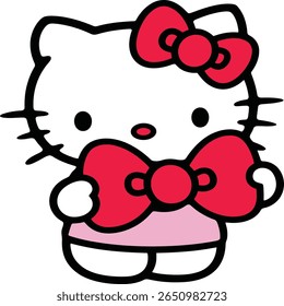 An adorable illustration of Hello Kitty, featuring her iconic design with a big red bow and holding a heart-shaped bow. This cheerful character embodies cuteness and charm, making it perfect.