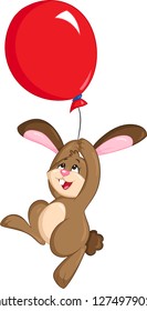 Adorable illustration of a little rabbit holding a red balloon, floating in the air, beautifully colored, perfect for children's book or Easter card or party invitation