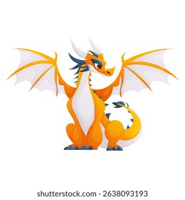 Adorable illustration of an orange and white dragon sitting down with its wings spread. This cute cartoon image is perfect for childrens designs.