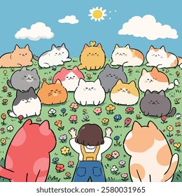 An adorable illustration of a person joyfully interacting with a group of fluffy cats on a vibrant flower-filled field under a sunny and cheerful sky