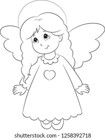 Adorable illustration of a pretty little angel, with a cute long dress with a heart on it, in black and white, perfect for children's coloring book
