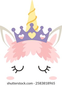 Adorable illustration of a sleeping unicorn head with closed eyes, pink mane, a golden horn, and a purple and gold crown, perfect for children s designs